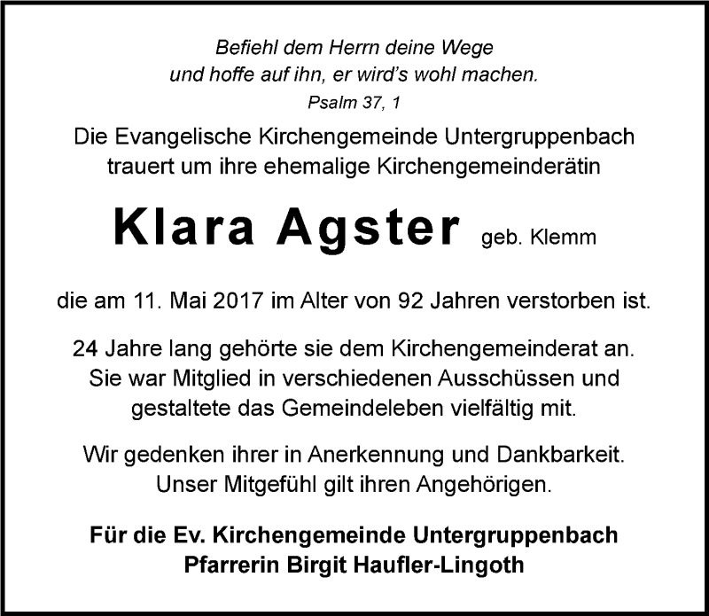  Traueranzeige für Klara Agster vom 16.05.2017 aus 