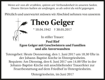 Traueranzeige von Theo Geiger 