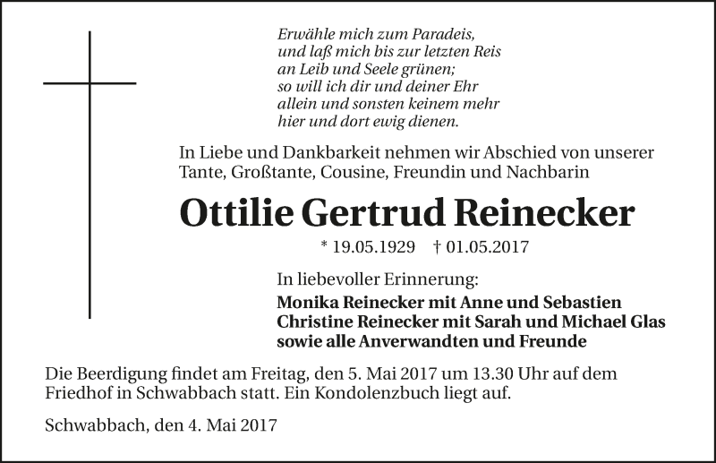  Traueranzeige für Ottilie Gertrud Reinecker vom 04.05.2017 aus 