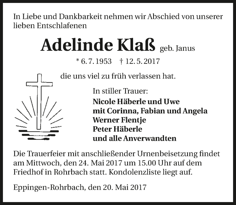  Traueranzeige für Adelinde Klaß vom 20.05.2017 aus 