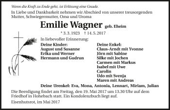 Traueranzeige von Emilie Wagner 