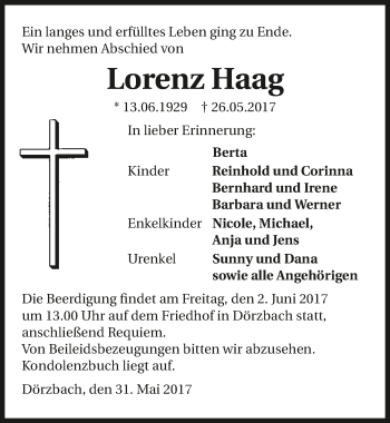 Traueranzeige von Lorenz Haag 