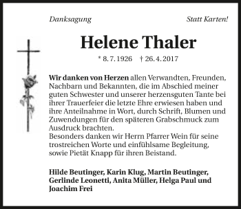 Traueranzeige von Helene Thaler 