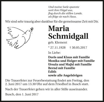 Traueranzeige von Maria Schmidgall 