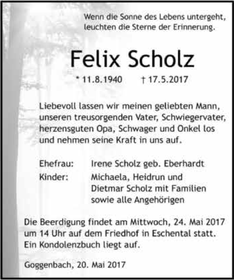  Traueranzeige für Felix Scholz vom 20.05.2017 aus 