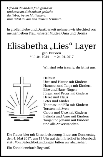 Traueranzeige von Elisabetha Layer 