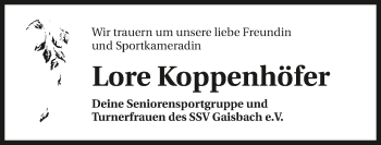 Traueranzeige von Lore Koppenhöfer 