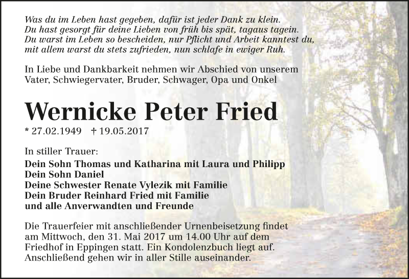  Traueranzeige für Wernicke Peter Fried vom 27.05.2017 aus 