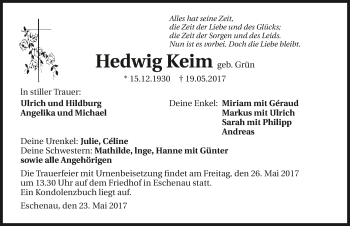 Traueranzeige von Hedwig Keim 