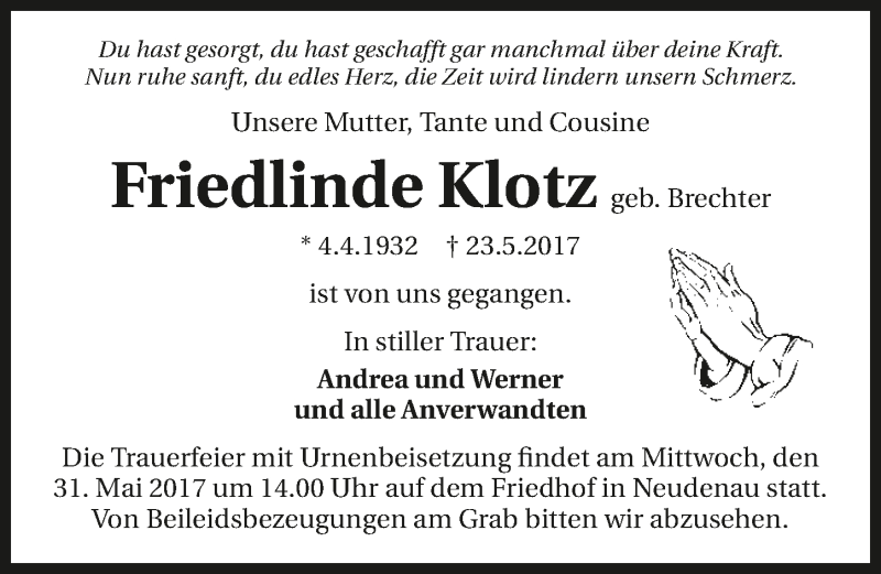  Traueranzeige für Friedlinde Klotz vom 27.05.2017 aus 