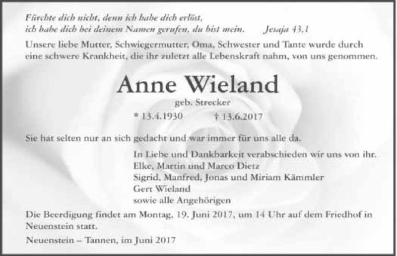  Traueranzeige für Anne Wieland vom 16.06.2017 aus 