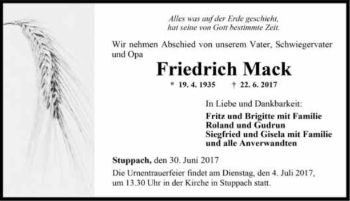 Traueranzeige von Friedrich Mack 