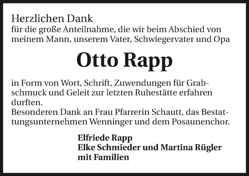  Traueranzeige für Otto Rapp vom 07.06.2017 aus 
