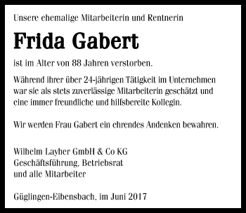 Traueranzeige von Frida Gabert 