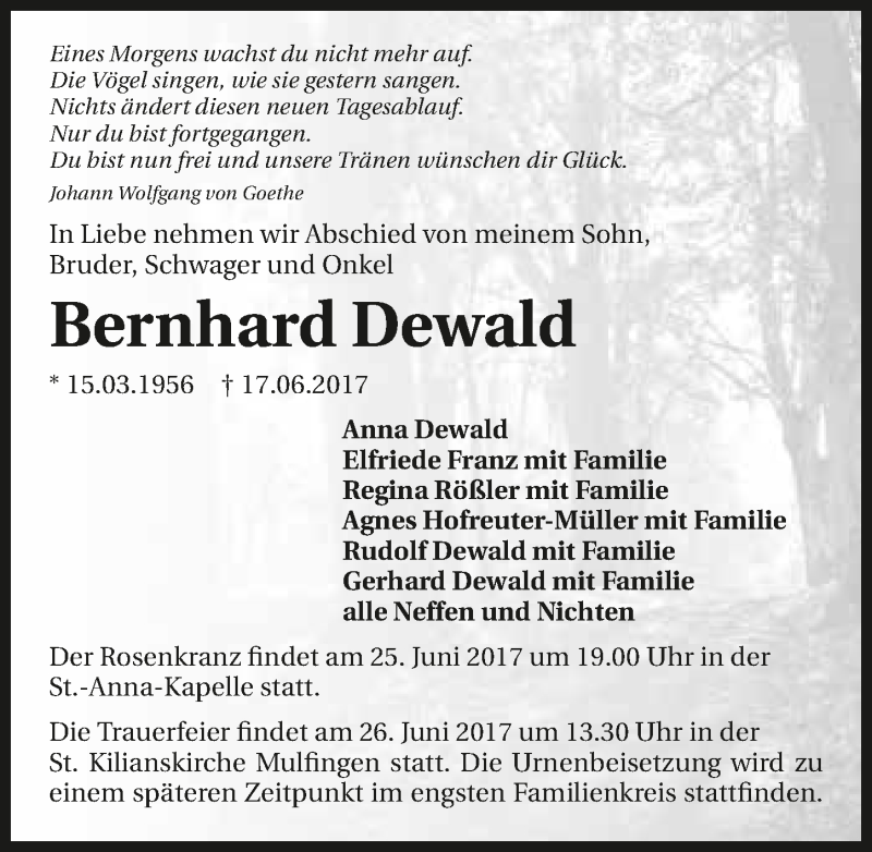  Traueranzeige für Bernhard Dewald vom 22.06.2017 aus 