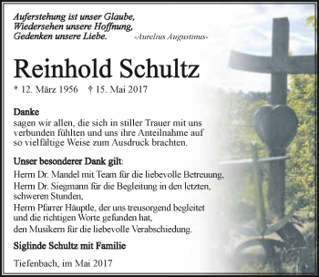 Traueranzeige von Reinhold Schultz 
