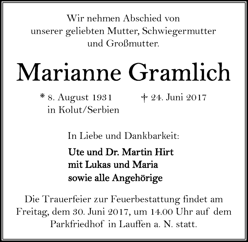  Traueranzeige für Marianne Gramlich vom 27.06.2017 aus 