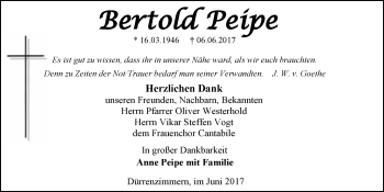 Traueranzeige von Bertold Peipe 
