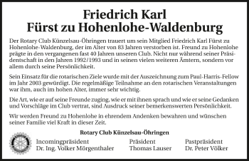 Traueranzeige von Friedrich Karl Fürst zu Hohenlohe-Waldenburg 