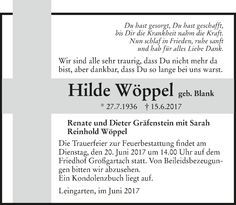  Traueranzeige für Hilde Wöppel vom 17.06.2017 aus 