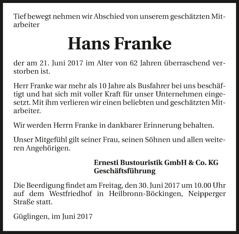  Traueranzeige für Hans Frank vom 24.06.2017 aus 