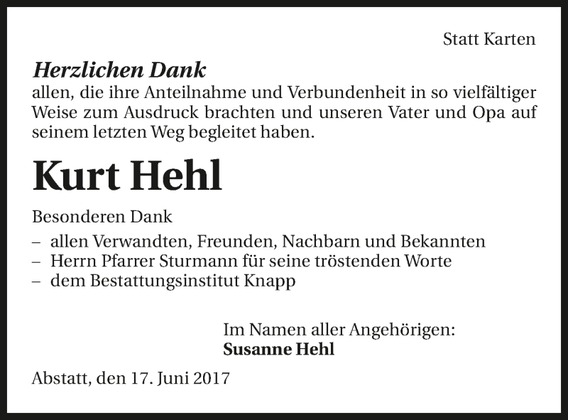  Traueranzeige für Kurt Hehl vom 17.06.2017 aus 