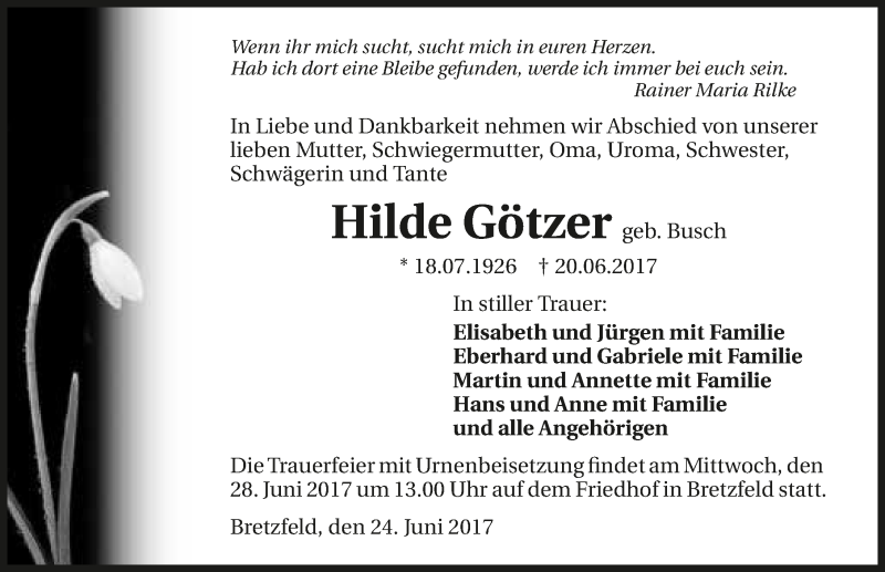  Traueranzeige für Hilde Götzer vom 24.06.2017 aus 