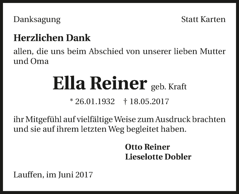  Traueranzeige für Ella Reiner vom 08.06.2017 aus 
