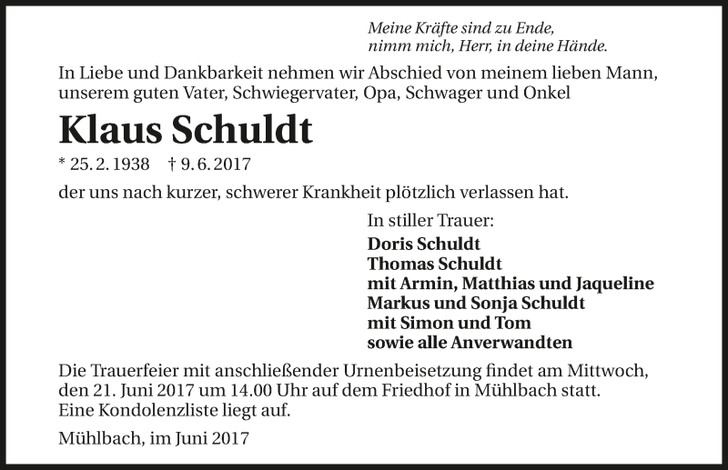  Traueranzeige für Klaus Schuldt vom 17.06.2017 aus 