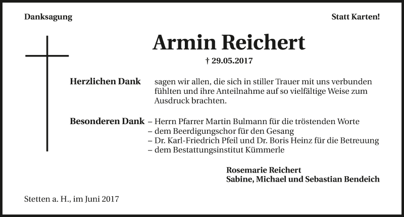  Traueranzeige für Armin Reichert vom 17.06.2017 aus 