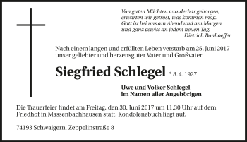 Traueranzeige von Siegfried Schlegel 