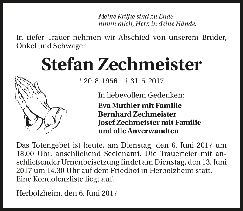  Traueranzeige für Stefan Zechmeister vom 06.06.2017 aus 