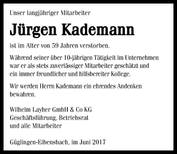 Traueranzeige von Jürgen Kademann 