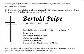 Traueranzeige von Bertold Peipe 