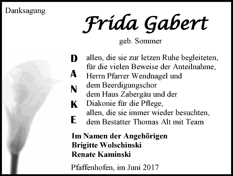  Traueranzeige für Frida Gabert vom 29.06.2017 aus 