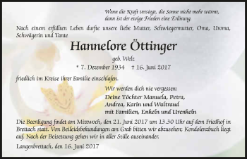 Traueranzeige von Hannelore Öttinger 