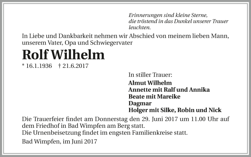  Traueranzeige für Rolf Wilhelm vom 24.06.2017 aus 