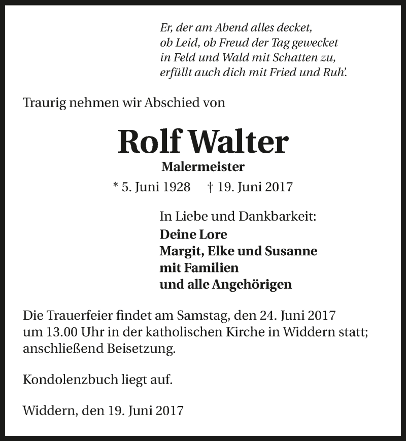  Traueranzeige für Rolf Walter vom 21.06.2017 aus 