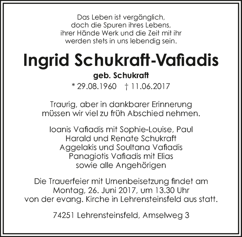  Traueranzeige für Ingrid Schukraft-Vafiadis vom 20.06.2017 aus 