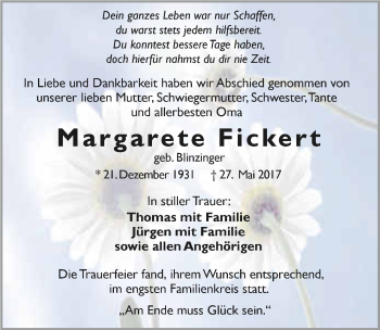 Traueranzeige von Margarete Fickert 