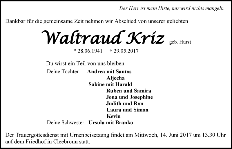  Traueranzeige für Waltraud Kriz vom 10.06.2017 aus 
