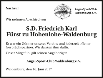 Traueranzeige von Friedrich Karl Fürst zu Hohenlohe-Waldenburg 