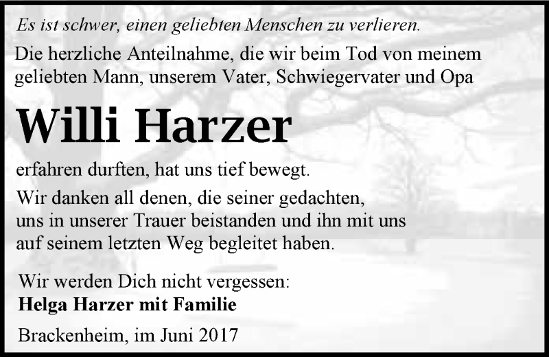  Traueranzeige für Willi Harzer vom 24.06.2017 aus 