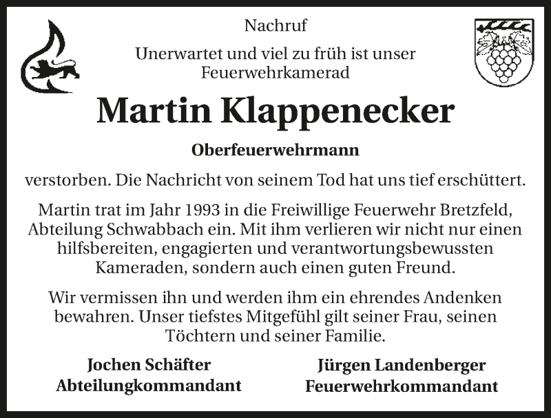  Traueranzeige für Martin Klappenecker vom 02.06.2017 aus 