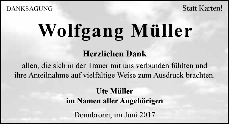 Traueranzeige für Wolfgang Müller vom 10.06.2017 aus 