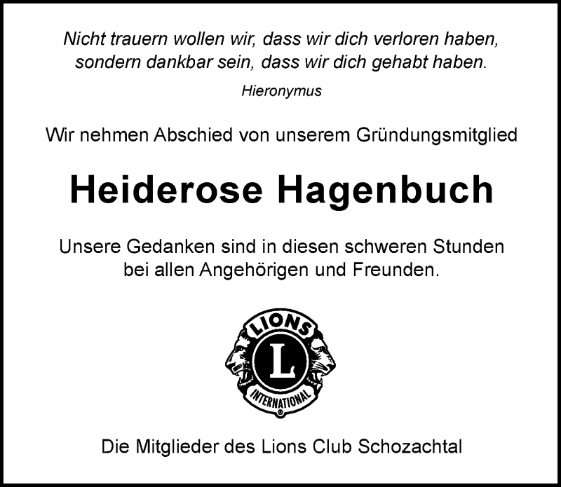  Traueranzeige für Heiderose Hagenbuch vom 21.06.2017 aus 