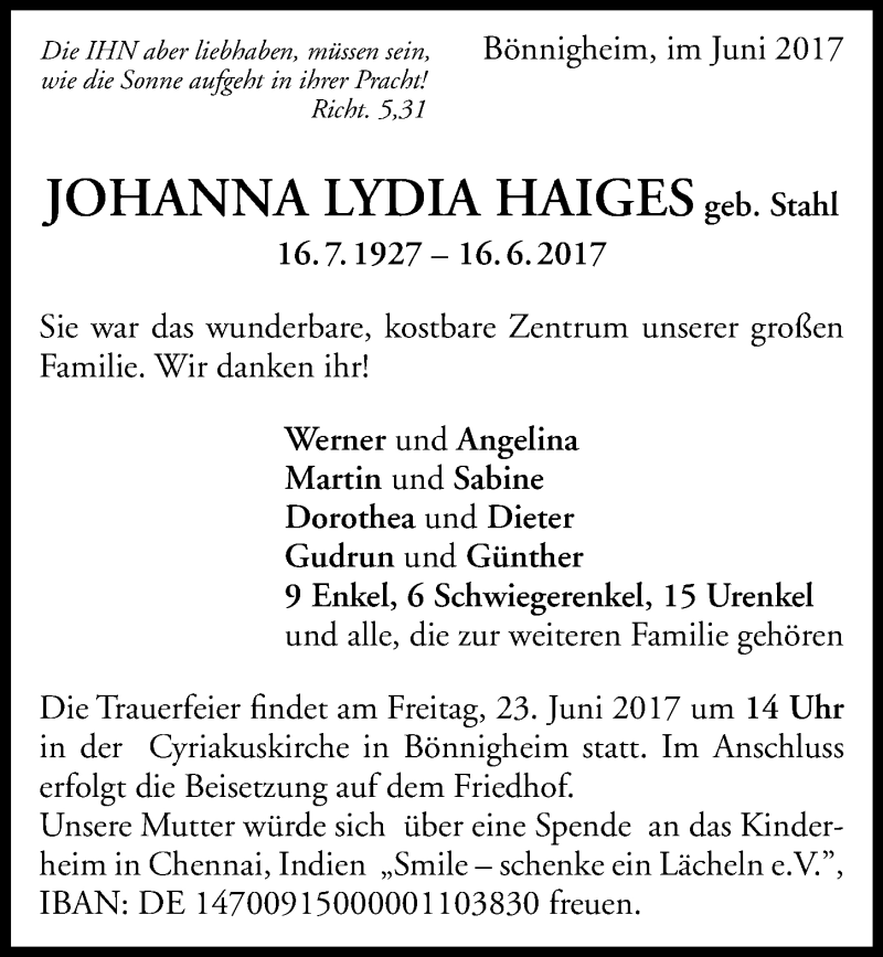  Traueranzeige für Johanna Lydia Haiges vom 20.06.2017 aus 