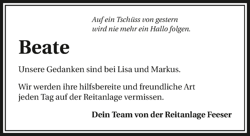  Traueranzeige für Beate Leyer vom 28.06.2017 aus 