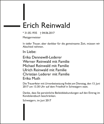 Traueranzeige von Erich Reinwald 