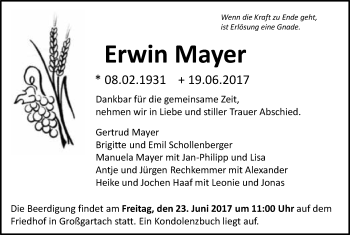 Traueranzeige von Erwin Mayer 